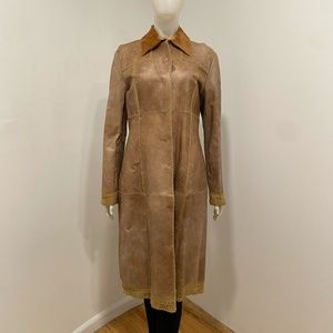 Elie Tahari Kangaroo Shearling Long Coat Crochet Trim Jacket